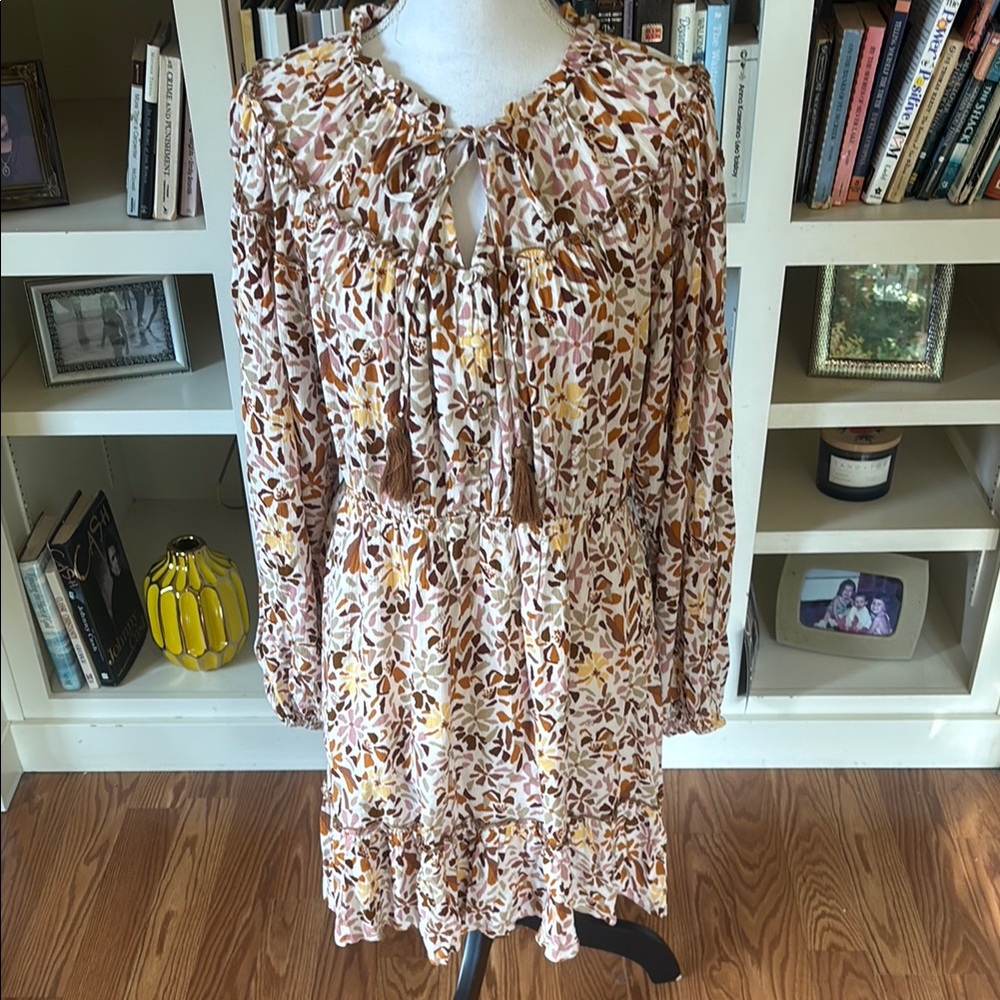 NWT Promesa Brown Floral Long Sleeve Mini Dress Tassels Large Fall Cottagecore